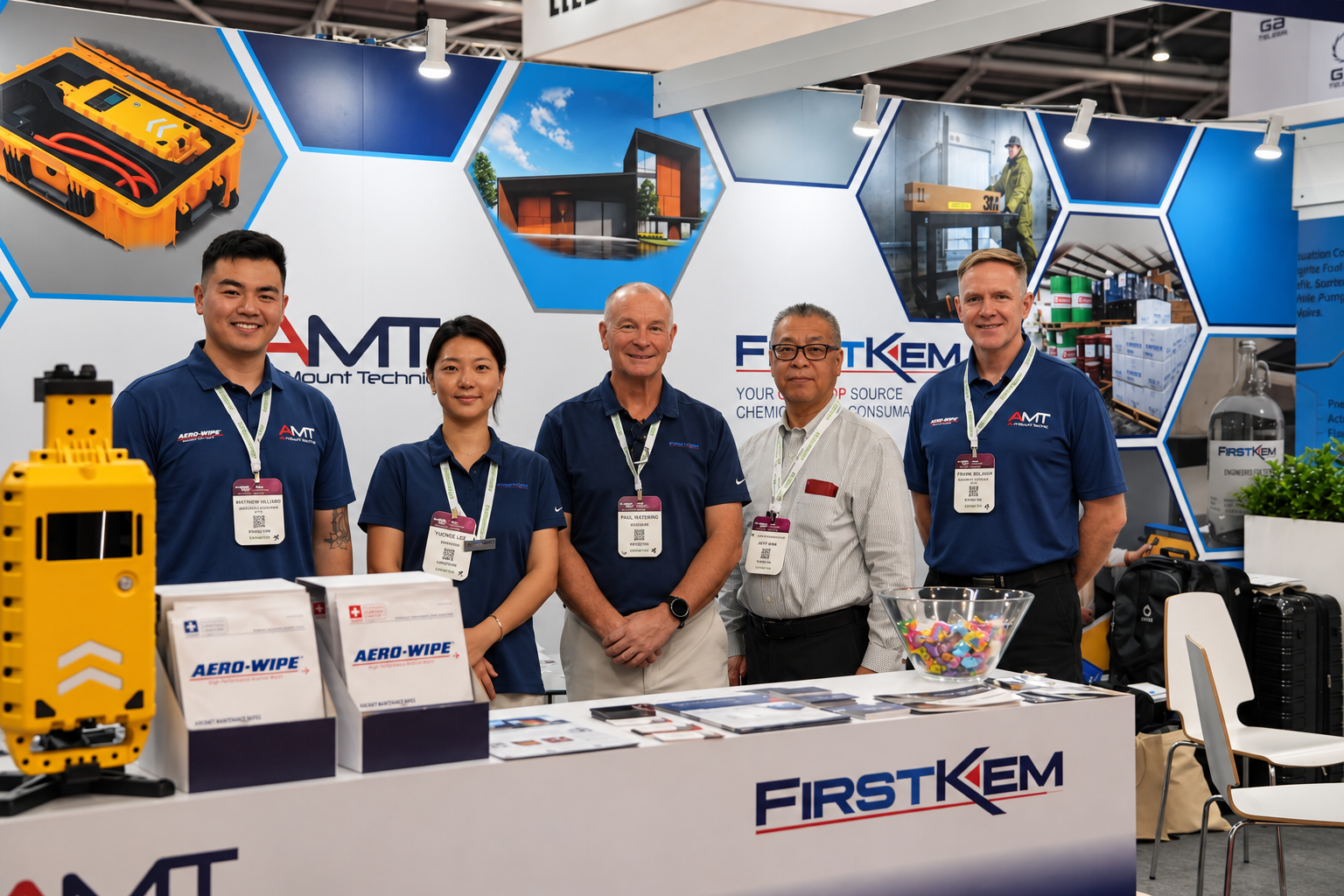 Air Mount Technic and FirstKem teams at their shared booth at MRO Asia-Pacific in Singapore