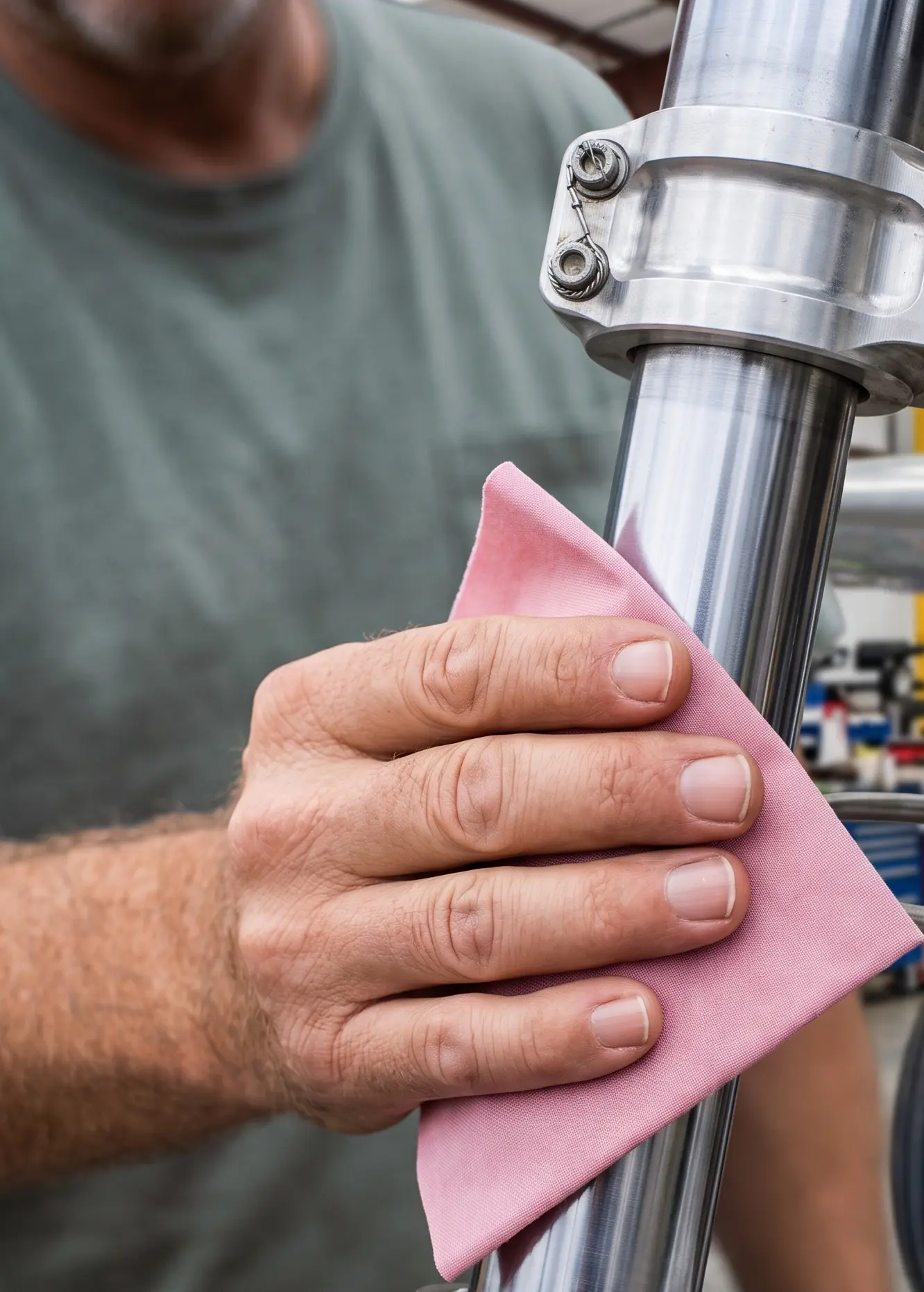 A technician wiping a polished landing-gear strut with a pink Aero-Wipe cloth