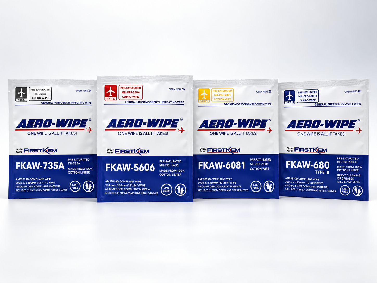 Four Aero-Wipe packs side by side: FKAW-735A, FKAW-5606, FKAW-6081 and FKAW-680 Type III