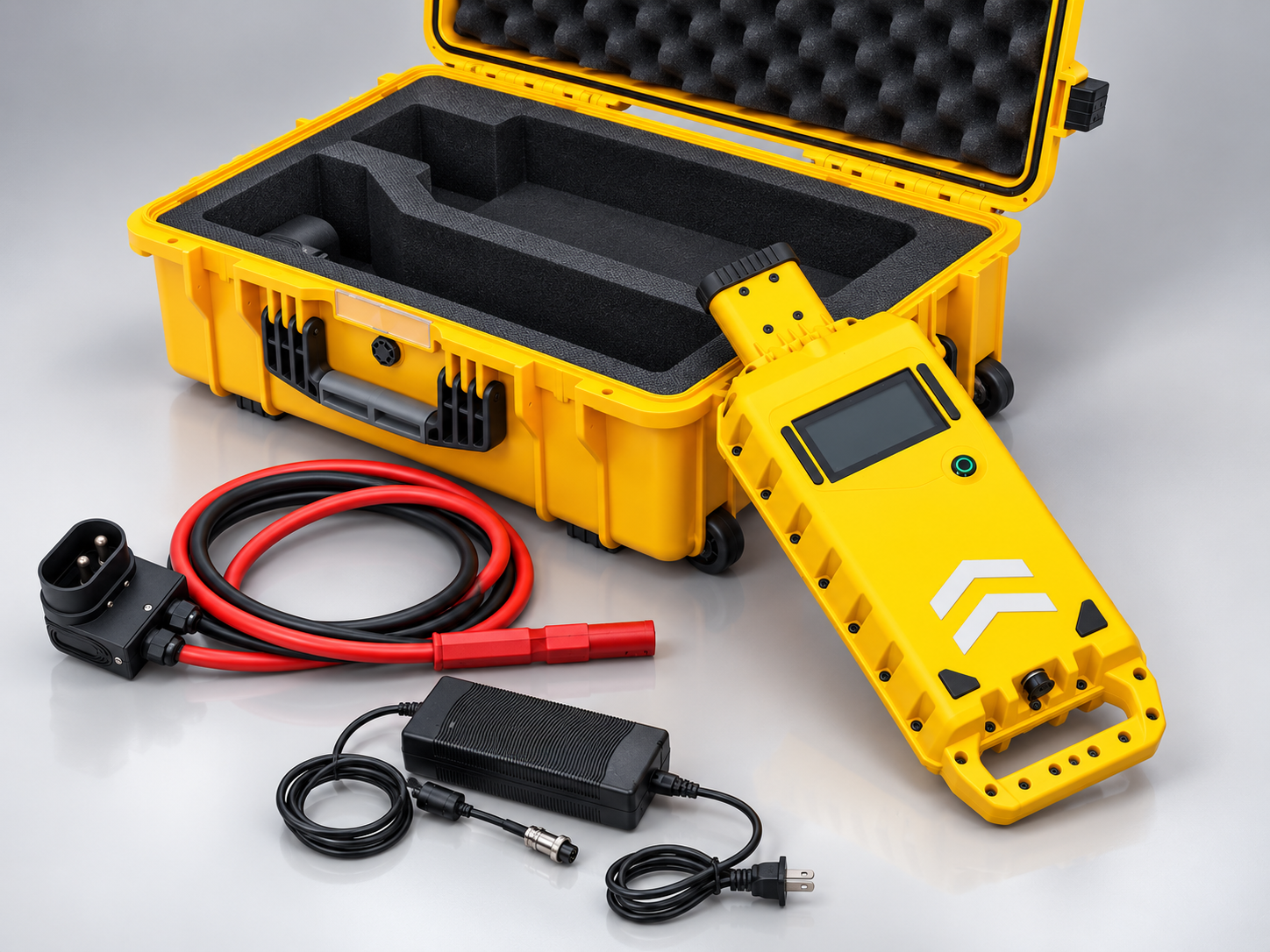 Aero-Jolt portable starting unit with its carry case, connector cable, and charger